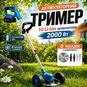 Триммер аккумуляторный со съемными колесами для газона травы и кустов беспроводная газонокосилка триммер с 2 аккумуляторами набором ножей и пильным диском садовая косилка с регулируемой телескопической штангой