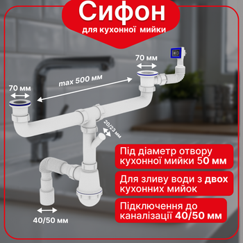 Сифон Kronoplast для двойной кухонной мойки 1 1/2″×40 с двумя резьбовыми выпусками SM44620343