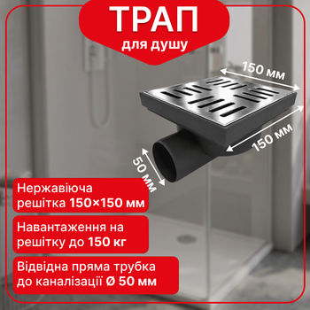 Трап нерегульований Kronoplast із нержавіючою решіткою 150×150 мм та горизонтальним випуском Ø50 мм TS11501402