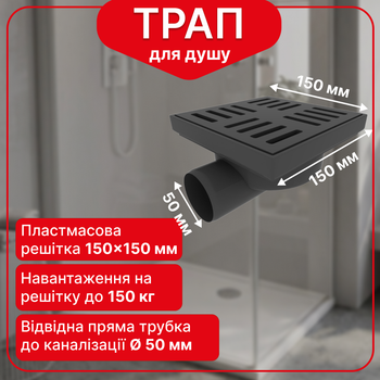 Трап нерегулируемый Kronoplast с пластиковой решёткой 150×150 мм и горизонтальным выпуском Ø50 мм TS11500402