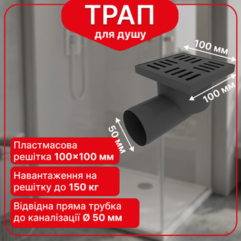 Трап нерегулируемый Kronoplast с пластиковой решёткой 100×100 мм и горизонтальным выпуском Ø50 мм TS11000402
