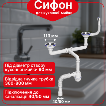 Сифон Kronoplast для подвійної кухонної мийки 3 1/2″×40 мм з двома різьбовими випусками SM45770243