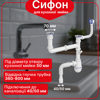 Сифон Kronoplast для двойной кухонной мойки 1 1/2″×40 смещенный с двумя резьбовыми выпусками SM64820343