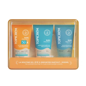 Набор Topicrem Sun Protect: солнцезащитное молочко SPF50+ 50 мл + желе после загара 50 мл + гель для душа 50 мл