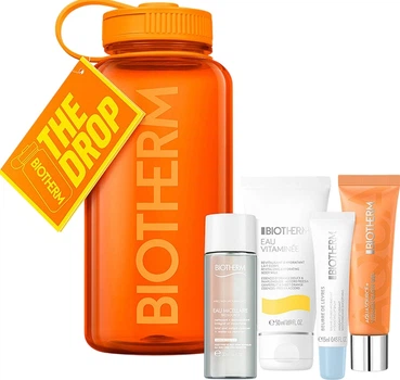 Zestaw do pielęgnacji twarzy Biotherm Aquasource Vitamin Glow Żel do twarzy 30 ml + Płyn micelarny 30 ml + Balsam do ust 13 ml + Mleczko do ciała 50 ml + Butelka na wodę pomarańczowa 1 l (3614274831450)