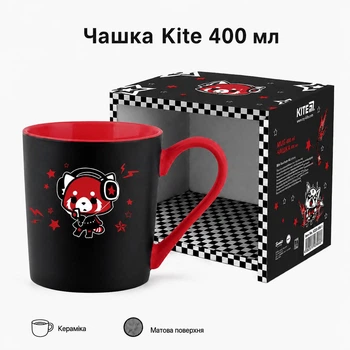 Подарочная коллекционная оригинальная керамическая чашка Kite для кофе и какао детям и взрослым с матовой поверхностью удобной ручкой и стойким аниме принтом 400 мл Черная с Красным