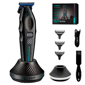 Триммер для стрижки волос аккумуляторный VGR V-887T BLACK, 3 насадки, 9000RPM, LED-дисплей