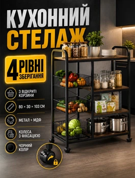 Кухонный стеллаж на колесах черный с открытыми корзинами для хранения 80x30x103 см, 4 уровня, металлический и МДФ