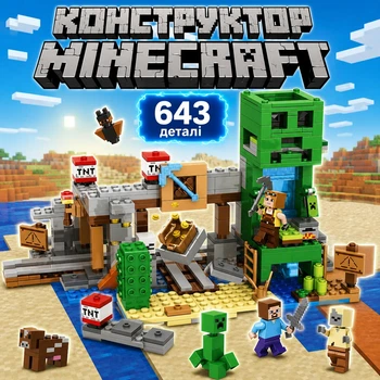 Конструктор Minecraft Шахта Крипера с вагонеткой фигурками героев скелетом коровой и динамитом 643 детали Майнкрафт My World