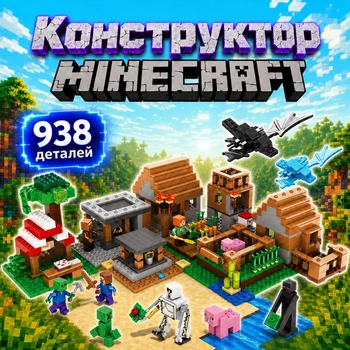 Конструктор Minecraft Большая деревня с домами фермой фигурками героев Крипером скелетом и драконом 938 деталей Майнкрафт My World