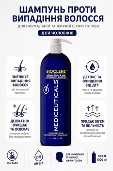 Шампунь проти випадання волосся Mediceuticals Bioclenz 1000мл для нормальної та жирної шкіри голови чоловічий антиоксидантний