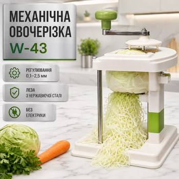 Механічна овочерізка Grandio W-43 для шаткування капусти та овочів з регулюванням товщини 0,1–2,5 мм і 3 запасними лезами