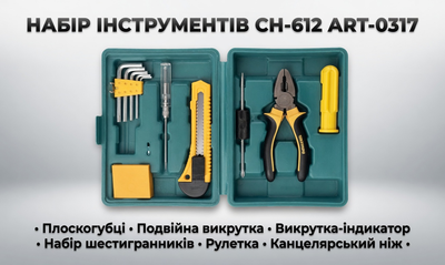 Набор инструментов в кейсе (плоскогубцы, двойная отвертка, индикатор напряжения, шестигранники, рулетка, нож)