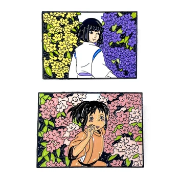 Комплект металлических значков-пинов Хаку и Тихиро в цветах (Spirited Away / Унесённые призраками) на одежду и рюкзак
