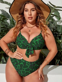 Жіночий роздільний купальник бікіні Plus Size з високими плавками леопардовий 3XL зелений