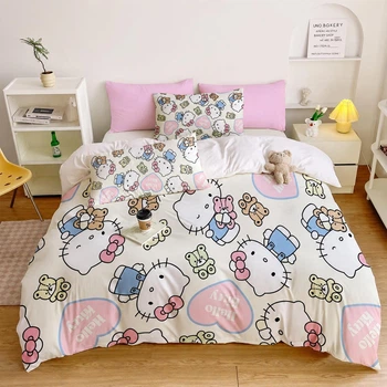 Полуторний комплект постільної білизни Hello Kitty з мікросатину 150×215 см, 4 предмети, підковдра та наволочки на блискавках