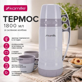 Термос Kamille 1800 мл пластиковий зі скляною колбою сірий KM-2032