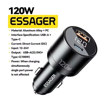 Автомобильное зарядное устройство для Essager 120W LED Type-C 100w + USB 20w PD3.0 QC зарядка в прикурюватель авто + вольтметр