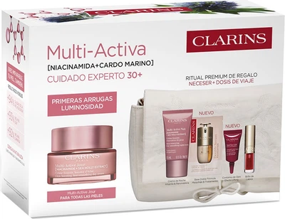 Zestaw do pielęgnacji twarzy Clarins Multi-Active Krem na dzień 50 ml + Krem na noc 15 ml + Krem pod oczy 3 ml + Podkład do twarzy M1W 0.9 ml + Olejek do ust 08 Pitaya 1.4 ml + Kosmetyczka (3666057465956)