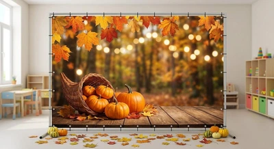 Баннер для фотозоны осенний PHOTODECOR «Осенний уют» Тыквы, плетеная корзина изобилия, кленовые листья и огни боке 1 кв.м