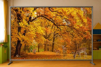Баннер осенний для фотозоны PHOTODECOR «Осенний лес и лесные жители» Живописный пейзаж с золотыми кронами деревьев, оленями, лисенком и белочкой 1 кв.м