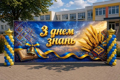 Баннер для фотозоны на 1 сентября PHOTODECOR «С Днем знаний» Сине-желтый цвет, пшеница и золотой звонок 1 кв.м