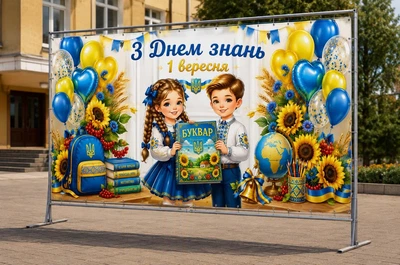 Баннер для фотозоны на 1 сентября PHOTODECOR «С Днем знаний! 1 сентября» Букварь, сине-желтые шары и первоклассники 1 кв.м