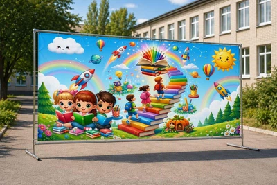 Баннер для фотозоны на 1 сентября PHOTODECOR «Ступени знаний» Маленькие школьники, лестница из книг, ракеты и радуга 1 кв.м