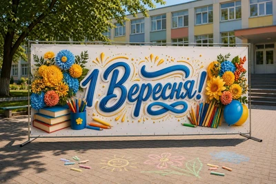 Баннер для фотозоны на 1 сентября PHOTODECOR «1 Вересня!» Синяя каллиграфическая надпись, праздничные букеты, карандаши и книги 1 кв.м