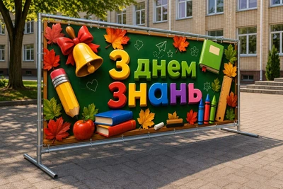 Баннер для фотозоны на 1 сентября PHOTODECOR «С Днем знаний» со школьной доской, колокольчиком, карандашом, книгами и осенними листьями | Праздничный баннер ко Дню знаний 1 кв.м