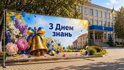 Баннер для фотозоны на 1 сентября PHOTODECOR «С Днем знаний» со школьным колокольчиком, сине-желтым бантом, цветами и школой | Праздничный баннер ко Дню знаний 1 кв.м