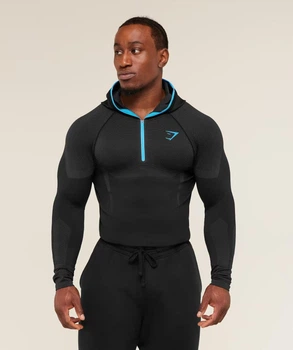 Лонгслів Gymshark чоловічий спортивний компресійний з капюшоном та застібкою чорний з синім L