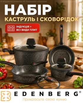 Набор кастрюль с антипригарным покрытием Edenberg Cookware Set для всех плит, набор кастрюль для индукционной плиты 8 предметов, Черный