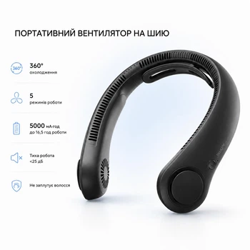 Вентилятор на шию JisuLife Neck Fan Life4 портативний, Type-C, 5000 mAh - Чорний