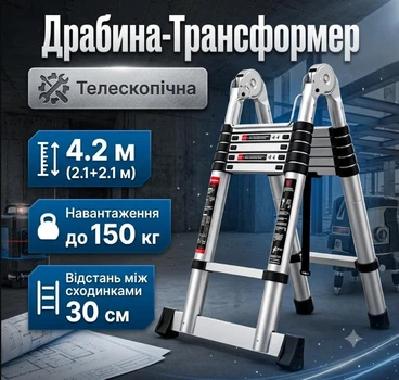 Драбина-Трансформер 4.2 м (2.1+2.1) телескопічна до 150 кг для монтажних та ремонтних робіт