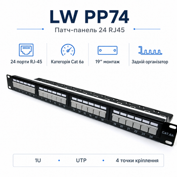 Патч-панель 19″ ELECTRONICAL LW-PP74 24xRJ-45 UTP кат. 6a для кабельных систем Черный
