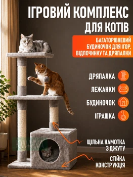 Игровой комплекс для котов 50×30×84 см с домиком, когтеточкой и смотровыми площадками, серый