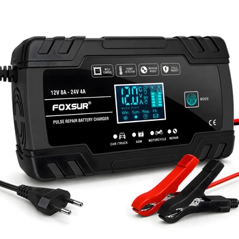 Автоматическое зарядное устройство для аккумулятора авто Foxsur 12V 8А, 24V 4А, с режимом восстановления, чёрный