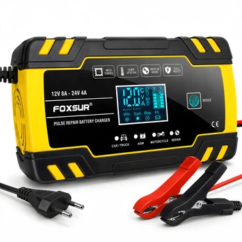 Автоматическое зарядное устройство для аккумулятора авто Foxsur 12V 8А, 24V 4А, с режимом восстановления, желтый