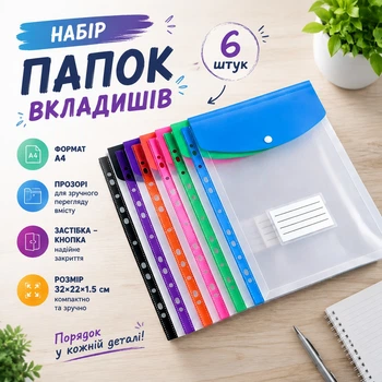 Набір кольорових папок-вкладишів із кнопкою для документів, 6 штук, формат А4, папка-файл; для папок-конвертів прозорі, кольорові folder-1-6v1