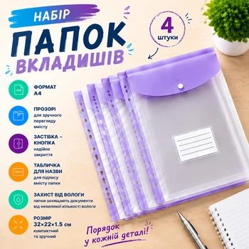 Набір папок-вкладишів із кнопкою для документів, 4 штуки, формат А4, папка-файл для фолдера, прозорі папки-конверти, фіолетовий folder-1-violet