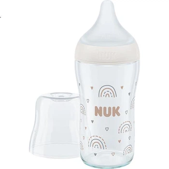 Импортная стеклянная детская бутылочка NUK PerfectMatch, защита от удушья и колик, 230 мл, с соской, для детей от 3 лет и старше.