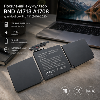 Усиленный аккумулятор BND A1713 A1708 для MacBook Pro 13 (2016-2020) батарея высокой емкости 4781 mAh с инструментами