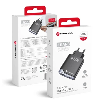 Зарядное устройство Forcell F-Energy Ultra Slim GaN III USB C + USB A PD QC4.0 3A 45W Black (5903396397837)