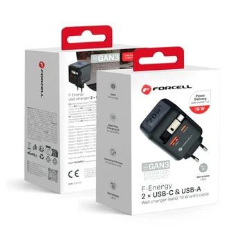 Зарядное устройство Forcell F-Energy GaN USB C + USB A + кабель USB C PD QC4.0 3A 70W Grey (5903396390838)