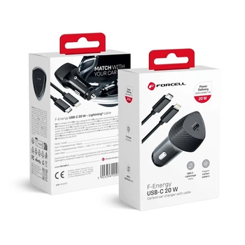 Автомобильное зарядное устройство Forcell F-Energy Carbon USB C QC3.0 PD 3A 20W + кабель USB C to Lightning Black (5903396209536)