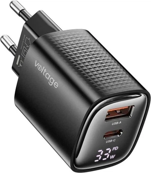 Ładowarka sieciowa Voltage GaN Charger Mini 33W PD 3.0 QC 3.0 USB-A USB-C Digital Display Black (VEAGaN33ACDBK)