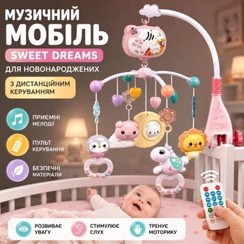 Музыкальный мобиль для новорожденных Sweet dreams карусель с игрушками подвесками и проекцией на детскую кроватку + пульт дистанционного управления, розовый (144072945)