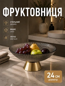 Фруктівниця скляна на металевій ніжці тарілка для фруктів кругла 24 см блюдо для сервірування Сірий з золотом