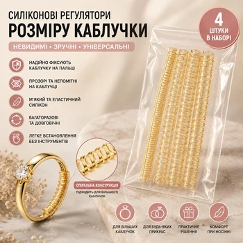 Набор силиконовых регуляторов размера кольца 4 шт. – прозрачные спиральные вставки для уменьшения размера кольца, фиксаторы размера, универсальные, зололтой (144215405)